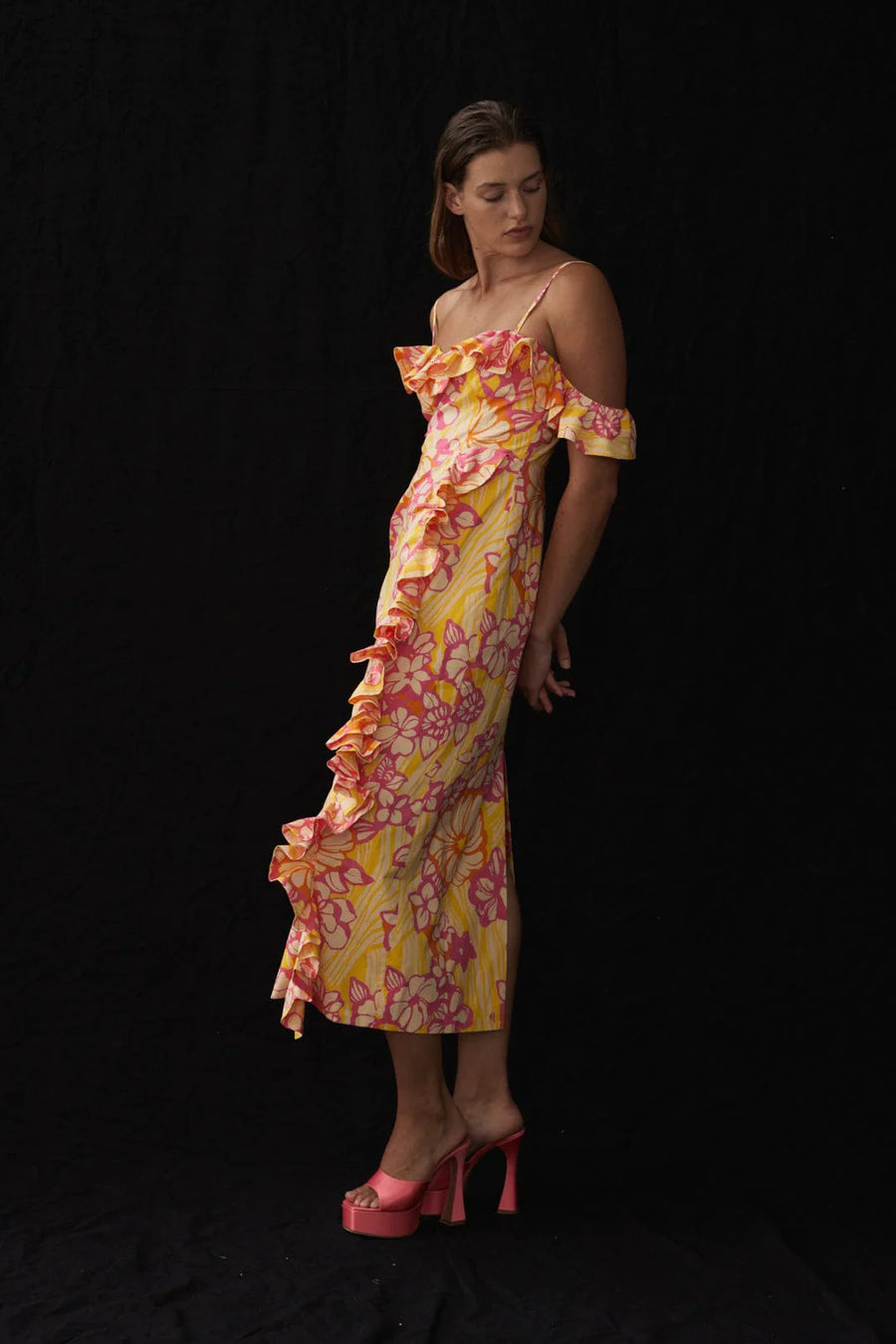 Fenella Ruffle Midi Dress - Pink/Yellow
