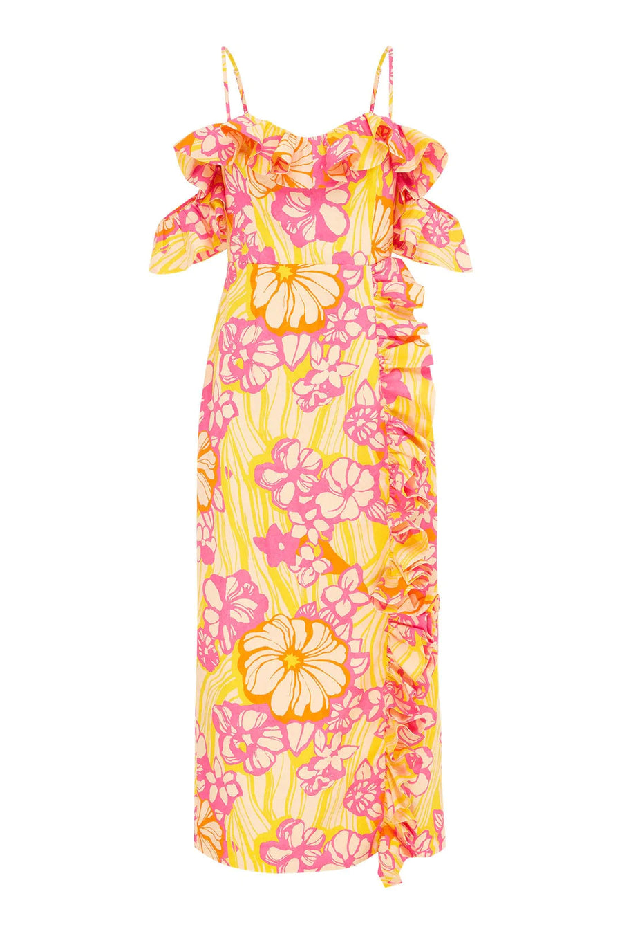Fenella Ruffle Midi Dress - Pink/Yellow