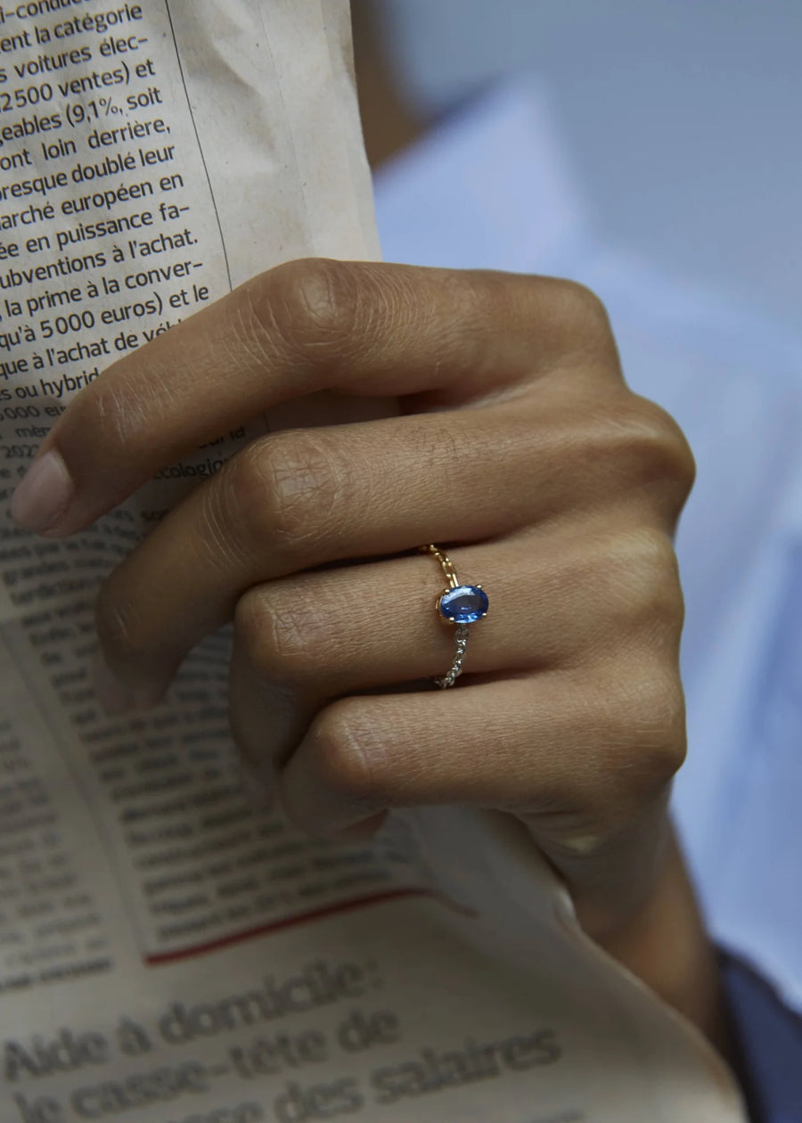 Bague Solitaire Saphir Bleu - Ors Blanc et Jaune