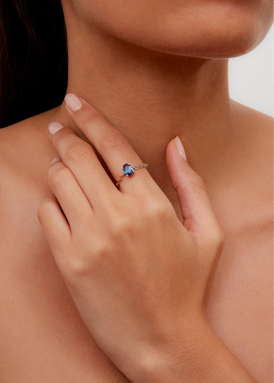 Bague Solitaire Saphir Bleu - Ors Blanc et Jaune