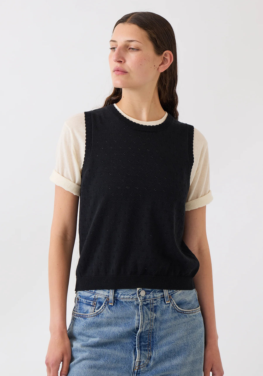 Eleanor Pointelle Cotton Top - Black
