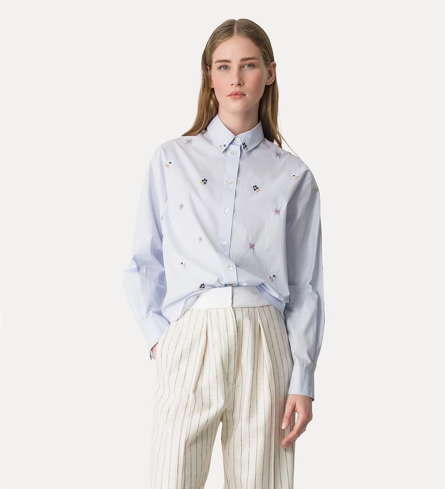 14403_My Shirt - "En Fleur" Embroidery Cropped Shirt - Ciel