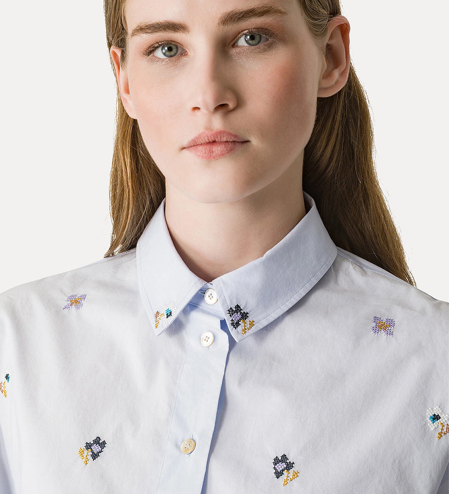 14403_My Shirt - "En Fleur" Embroidery Cropped Shirt - Ciel