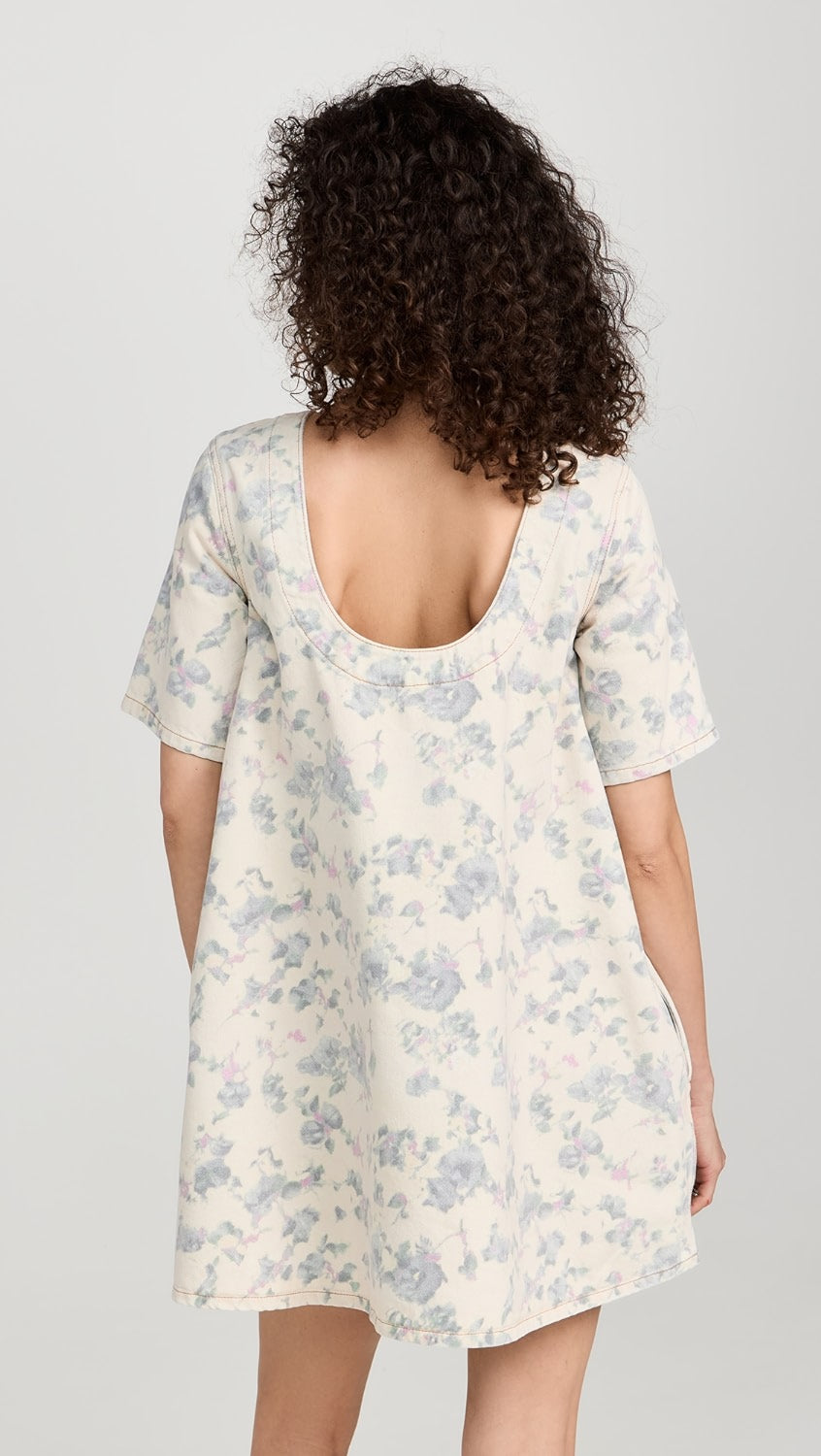 Print Denim Open Back Mini Dress - Tofu