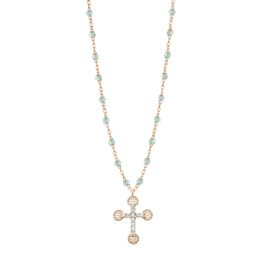 16.5" Classic Petite Lace Cross Necklace - Aqua + Yellow Gold
