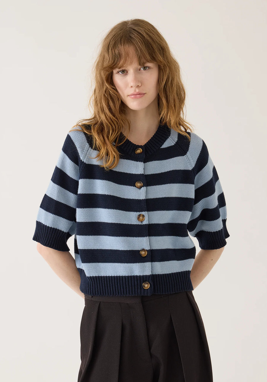 Latki Stripe Organic Cardigan - Navy / Dusty Blue