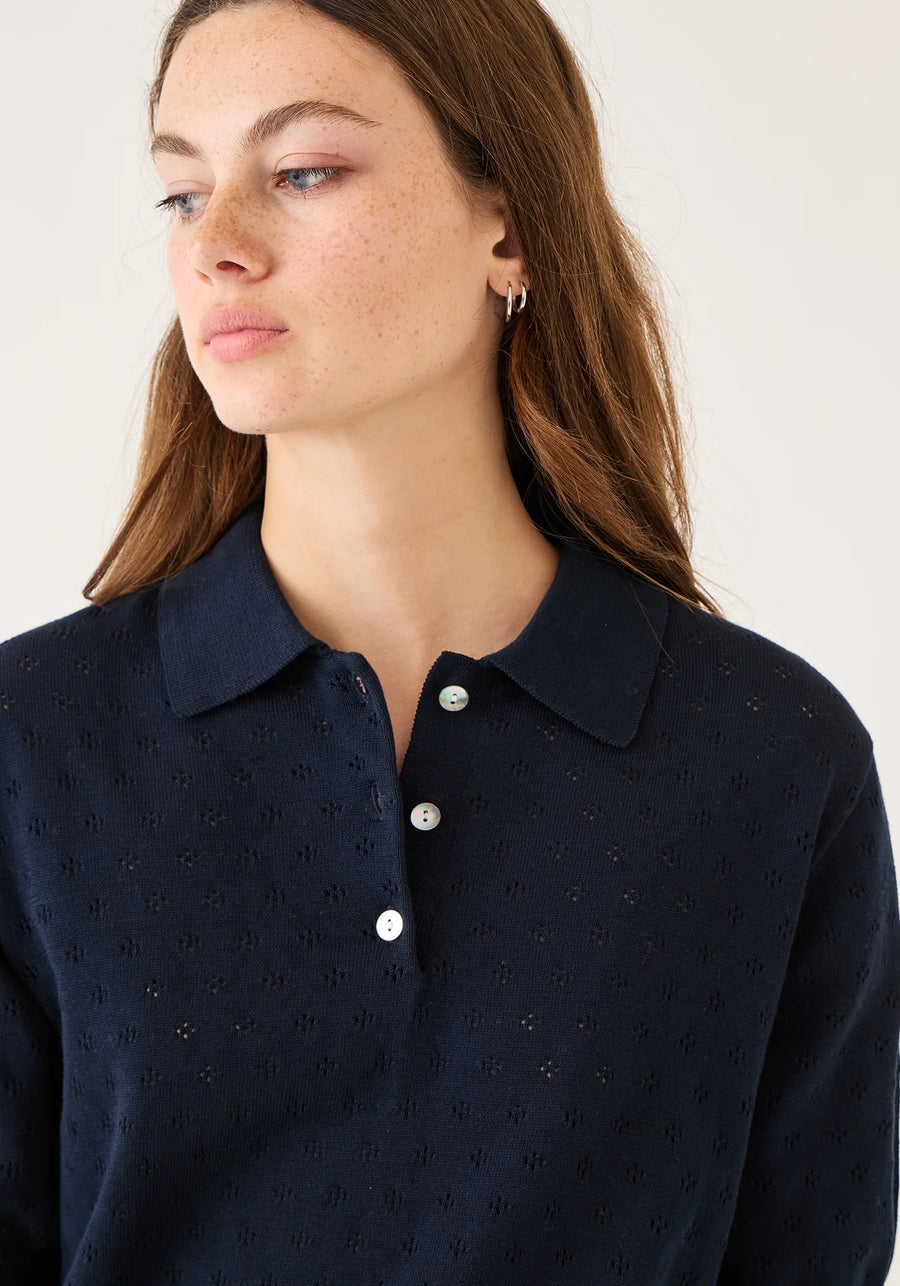 Logan Pointelle Cotton Polo Top - Navy