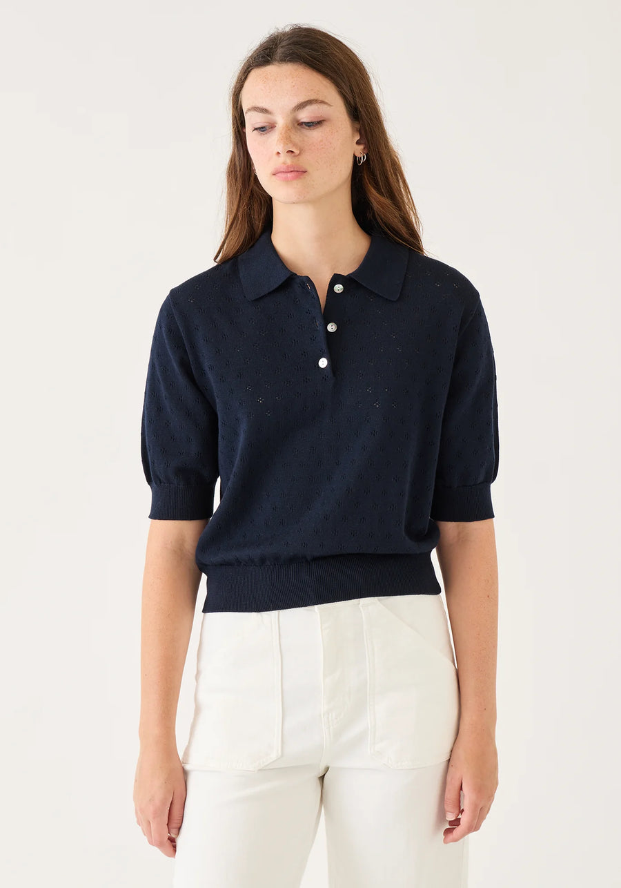 Logan Pointelle Cotton Polo Top - Navy
