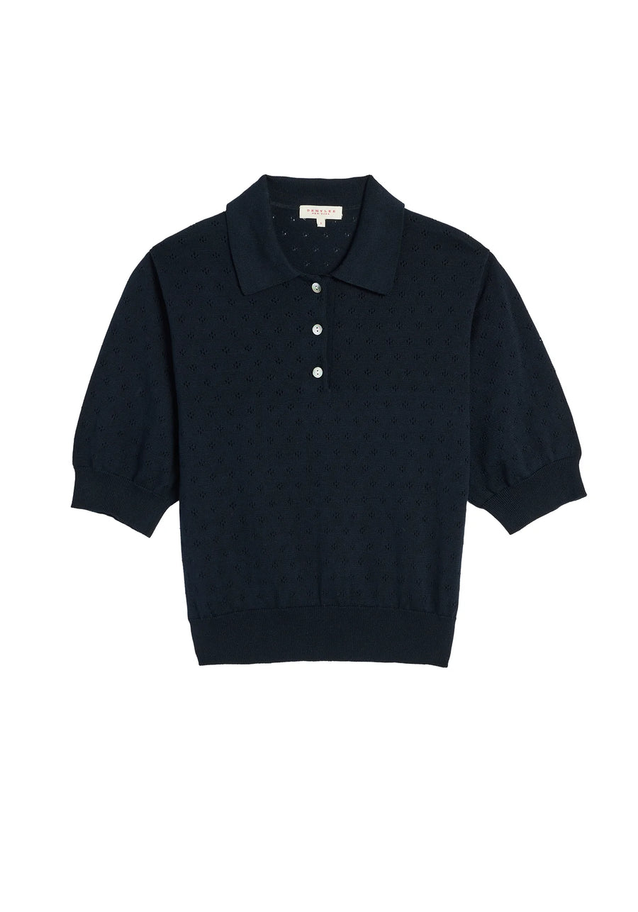 Logan Pointelle Cotton Polo Top - Navy