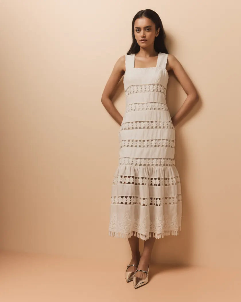 Pop Trimmed Midi Dress - Ivory