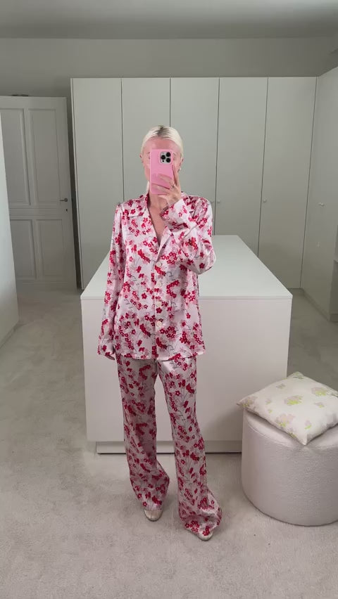 Pyjama Louis Pants - Medium Flower - Red & Pink on White