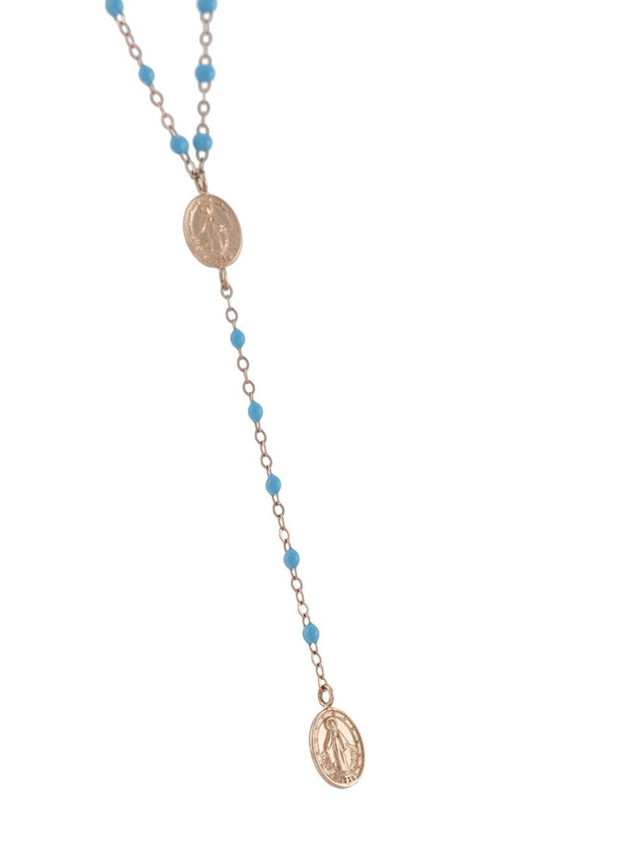 Classic Rosary Madone Necklace - Baby Blue + Rose Gold