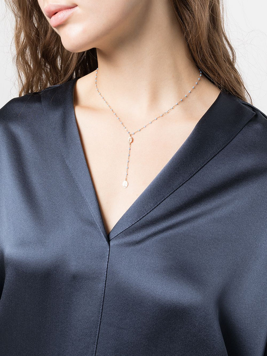 Classic Rosary Madone Necklace - Baby Blue + Rose Gold