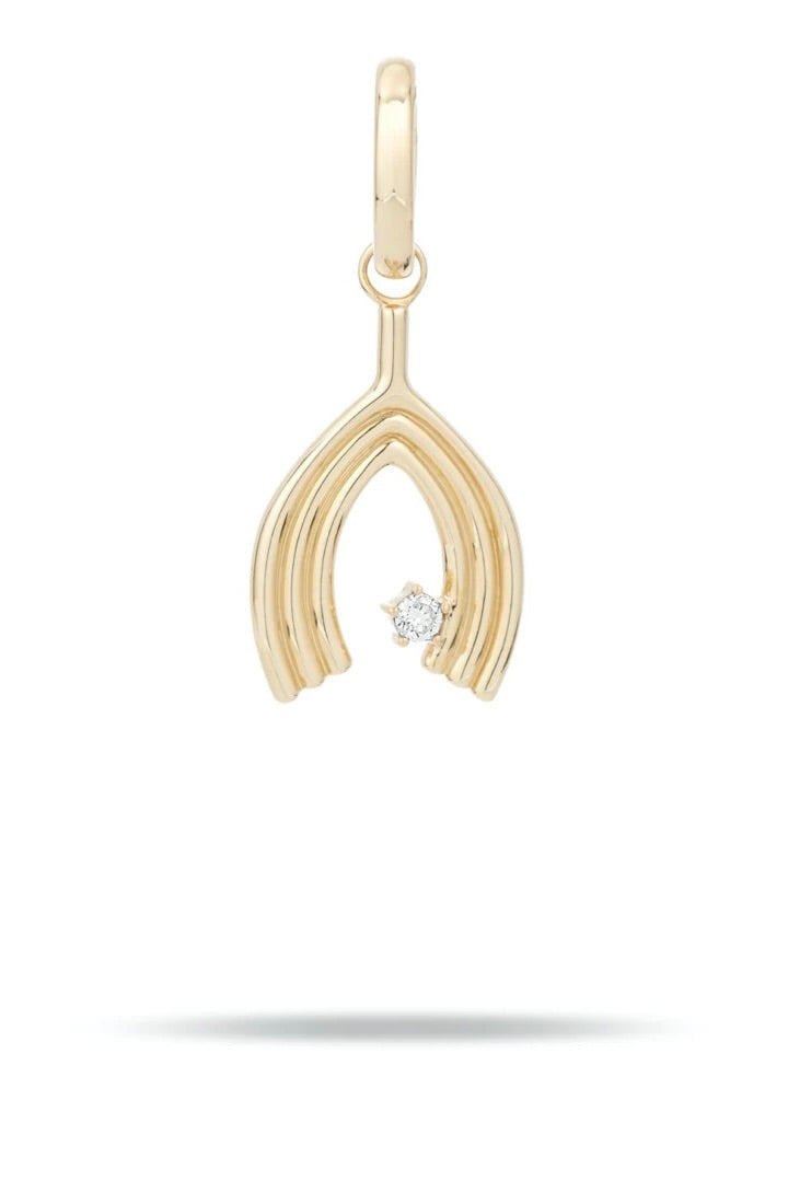 Groovy Large Diamond Wishbone Charm - 14K Yellow Gold