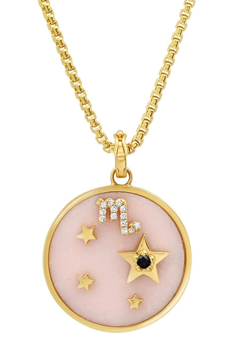 Large Pink Opal Zodiac Necklace - Aquarius on 18” Chain (Other Signs by Special Order)