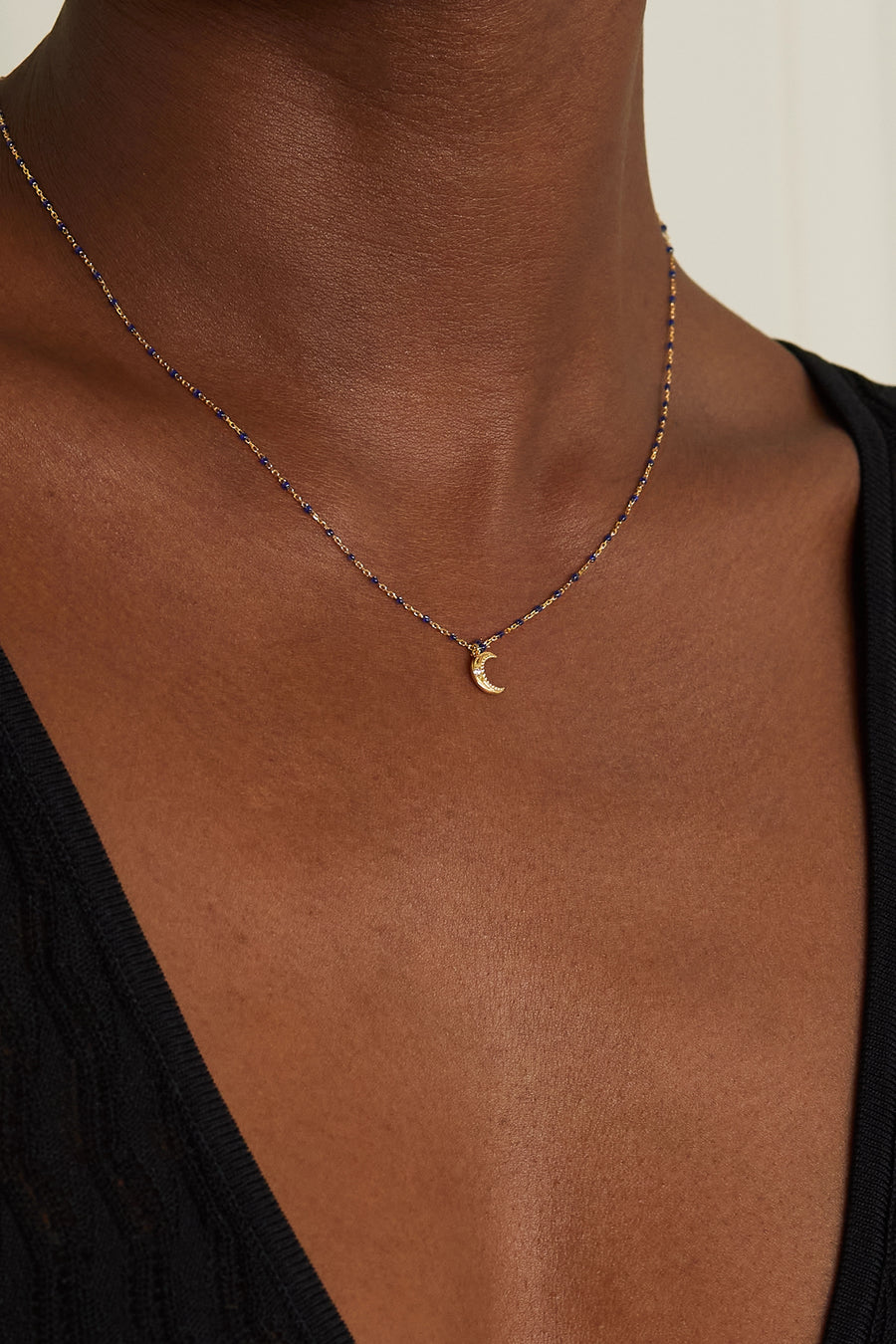 16.5" Mini Petite Moon Necklace - Black + Yellow Gold